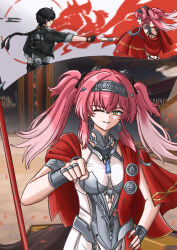 1255118553 1boy 1girl absurdres arena armlet armor black_bow black_gloves black_hair black_hairband black_jacket bow breastplate breasts cape collar earrings fist_bump flag gloves gradient_hair grey_shirt hair_bow hair_ornament hairband hand_on_own_hip headgear highres jacket jewelry lupa_(wuthering_waves) male_rover_(wuthering_waves) medium_breasts metal_collar metal_hairband multicolored_hair multiple_rings one_eye_closed pangu_terminal_(wuthering_waves) pink_hair polearm red_pupils red_sash ribbon ring rover_(wuthering_waves) sash shirt sleeves_rolled_up smile spear tacet_mark_(wuthering_waves) tail weapon wolf_tail wrist_guards wuthering_waves yellow_eyes