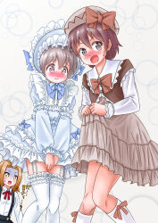 Rule 34 | 1girl, 2boys, 3:, :o, @ @, beret, blonde hair, blue bow, blue bowtie, blush, bonnet, bow, bow legwear, bowtie, brown dress, commentary request, covering privates, covering crotch, crossdressing, dress, embarrassed, frilled headwear, frilled shirt collar, frills, garter straps, hair between eyes, hat, hat bow, highres, long sleeves, male focus, mtak46597821, multiple boys, nose blush, onii-chan wa oshimai!, open mouth, red bow, red bowtie, sakurada yuuta, senkawa minato, shiina minori, simple background, skirt hold, socks, sweatdrop, thighhighs, translated, trap, turn pale, v-shaped eyebrows, white background, white dress, white garter straps, white socks, white thighhighs