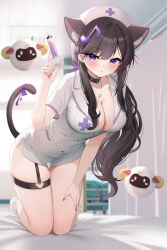 1girl absurdres animal_ear_fluff animal_ears bed bed_sheet belt_collar black_hair blurry blush breasts buttons cat_ears cat_girl cat_tail cleavage collar collarbone commentary commission curtains depth_of_field dress floating fortissimo hair_between_eyes hair_ornament hand_on_own_thigh hand_up hat heart heart_necklace heart_o-ring highres holding holding_syringe hospital hospital_bed indoors iyusei_02 jewelry kneeling large_breasts leaning_forward long_hair looking_at_viewer musical_note musical_note_hair_ornament necklace non-humanoid_robot nurse nurse_cap o-ring on_bed open_mouth original ponytail purple_eyes robot sidelocks solo syringe tail thigh_strap thighs very_long_hair white_dress wing_collar