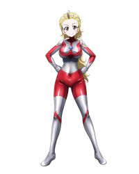 1girl blonde_hair blush bodysuit breasts brown_eyes closed_mouth color_timer commentary cosplay covered_navel full_body girls_und_panzer hands_on_own_hips highres key_(gaigaigai123) large_breasts long_hair looking_at_viewer red_bodysuit sasaki_akebi silver_bodysuit simple_background skin_tight smile solo standing tokusatsu ultra_series ultraman ultraman_(1st_series) ultraman_(cosplay) white_background