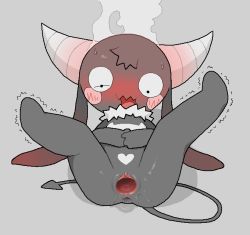1girl anus ass blush blush_stickers borrowed_character demon_girl demon_horns demon_tail failure_succubus fang female_focus full_body fur_collar gaping gaping_pussy grey_background hair_tuft horns loli looking_at_viewer no_humans open_mouth original pussy sex sharp_teeth simple_background skin_fang solo spread_legs steam steaming_body tail teeth tongue tongue_out tosx trembling very_long_ears