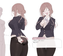 1girl absurdres blazer breasts brown_hair check_translation closed_eyes gakuen_idolmaster hair_between_eyes hair_bun hear_(kpmf4732) highres himesaki_rinami holding idolmaster jacket large_breasts long_hair multiple_views neck_ribbon panties pantyhose ribbon shirt sidelocks single_side_bun smile solo sweater teeth translation_request underwear upper_teeth_only white_shirt