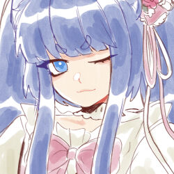 1girl bilingual_commentary blue_eyes blue_hair bow bowtie closed_mouth commentary furudo_erika looking_at_viewer mixed-language_commentary one_eye_closed pink_bow pink_bowtie sidelocks smile solo twintails umineko_no_naku_koro_ni zero_(misamxsa08)