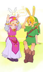1boy 1girl absurdres arm_support artist_name belt blonde_hair blue_eyes blue_sleeves boots brooch brown_belt brown_boots bunny_hood_(zelda) closed_eyes commentary_request dress english_text fairy fold-over_boots green_background green_hat green_tunic hand_on_own_head hat highres jewelry kokiri_sword layered_sleeves link long_sleeves looking_at_another navi nintendo open_mouth pink_dress pink_hat princess_zelda rabbit_pose red_brooch shared_speech_bubble short_over_long_sleeves short_sleeves shoulder_belt sitting smile speech_bubble sword sword_on_back the_legend_of_zelda the_legend_of_zelda:_ocarina_of_time triforce tunic weapon weapon_on_back yoco45rkgk young_link young_zelda