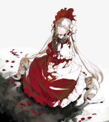 1girl absurdres blonde_hair blue_bow blue_bowtie bonnet bow bowtie capelet chinese_commentary closed_eyes closed_mouth commentary_request cui_(jidanhaidaitang) dress drill_hair eyelashes frilled_capelet frilled_dress frills frown full_body gem hair_ribbon hands_on_lap highres juliet_sleeves kneeling long_dress long_hair long_sleeves petals puffy_sleeves red_capelet red_dress red_footwear red_gemstone red_headwear ribbon rose_petals rozen_maiden shadow shinku shoes twin_drills twintails very_long_hair white_background white_ribbon
