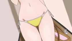 1girl animated animated_gif bikini bikini_pull bikini_top_lift bouncing_breasts breasts clothes_lift clothes_pull green_hair head_out_of_frame large_breasts long_hair lower_body medium_breasts nipples purple_eyes pussy run_elsie_jewelria solo swimsuit to_love-ru undressing yellow_bikini