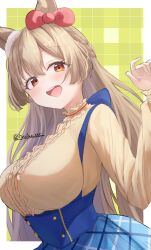 1girl :d animal_ears bow breasts brown_eyes brown_hair ear_bow highres horse_ears horse_girl horse_tail large_breasts long_hair looking_at_viewer lryutanl open_mouth red_bow satono_diamond_(umamusume) smile solo tail umamusume