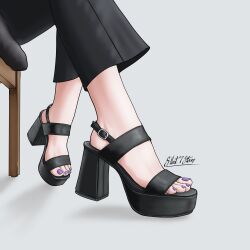 Rule 34 | 1girl, absurdres, artist name, black pants, chair, character request, copyright request, feet, foot focus, footwear focus, grey background, high heel sandals, highres, nail polish, on chair, out of frame, pants, purple nails, sandals, shadow, signature, silent7stars, simple background, sitting, solo, strappy heels, toenail polish, toenails, toes