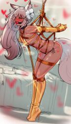 1girl absurdres animal_ear_fluff animal_ears arms_behind_back aroused ball_gag bare_shoulders bdsm bed bikini blush bondage boots bound bound_arms bound_knees bound_legs bound_wrists breasts closed_eyes collar dildo ehrrr english_text flower fox_ears fox_girl fox_tail gag gagged gold_bikini gold_gloves golden_week_bikini grey_hair hair_flower hair_ornament heart high_heel_boots high_heels highres knee_boots long_hair original pillow restrained rope sex_toy shibari shiny_swimsuit side-tie_bikini_bottom side_ponytail small_breasts solo sweat swimsuit tail