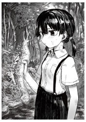 1girl absurdres animal blush border breast_pocket closed_mouth collared_shirt commentary_request cowboy_shot expressionless flat_chest forest grass greyscale hakonnbo highres holding holding_animal monochrome nature original pocket river shirt short_hair short_sleeves short_twintails skirt slug solo suspender_skirt suspenders tree twintails