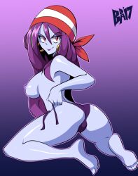 1girl ass bandana breasts colored_skin dark_nipples earrings hair_down hoop jewelry large_breasts lips lipstick long_hair makeup nipples panties purple_hair purple_lips purple_panties red_eyes risky_boots shantae_(series) side-tie_panties smile soles solo topless_female underwear untied_panties