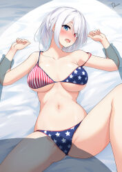 Rule 34 | 1girl, american flag, american flag bikini, american flag print, beyblade, beyblade: burst, bikini, blue eyes, blush, breasts, breasts apart, collarbone, dermar, flag print, flag print bikini, grabbing another&#039;s arm, heterochromia, highres, large breasts, lying, navel, on back, print bikini, red eyes, sainen yuko, short hair, solo focus, stomach, swimsuit, thighs, variant set, white hair