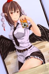 1girl belt blow blush breasts camera dominico female_focus hat highres kalma538 large_breasts looking_at_viewer necktie pointy_ears shameimaru_aya shiny_skin short_hair skirt smile solo thighs tokin_hat touhou wings