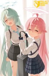 Rule 34 | 2girls, absurdres, ahoge, ansauce, aqua hair, aqua halo, bandaid on thigh, black gloves, black skirt, blue archive, blue necktie, blue skirt, breasts, chest harness, closed eyes, commentary request, crying, facing viewer, fingerless gloves, gloves, hair over one eye, halo, harness, highres, holding, hoshino (blue archive), large breasts, long hair, long sleeves, multiple girls, necktie, one eye covered, open mouth, pink hair, pink halo, pleated skirt, shirt, shirt tucked in, skirt, smile, standing, very long hair, white shirt, yume (blue archive)