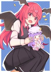 1girl :d :o black_skirt black_vest blue_background blue_bow blunt_bangs blush blush_stickers border boss9331 bow character_doll commentary_request crescent crescent_hat_ornament demon_girl demon_wings doll dress fang feet_out_of_frame hair_between_eyes hat hat_ornament head_wings highres holding holding_doll jacket koakuma long_hair long_sidelocks long_skirt long_sleeves low-tied_sidelocks mob_cap necktie open_mouth partial_commentary patchouli_knowledge pink_jacket pink_shoes pleated_skirt polka_dot polka_dot_background puffy_long_sleeves puffy_sleeves purple_hair red_bow red_eyes red_hair red_necktie shirt shoes sidelocks sitting skirt smile solo touhou twitter_username vest white_border white_dress white_shirt wings