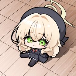 Rule 34 | 1girl, :3, beret, black coat, black gloves, black hat, black pantyhose, black shirt, black skirt, blonde hair, blue archive, chibi, chibi only, coat, commentary request, full body, gloves, green eyes, halo, hat, highres, long hair, on floor, open clothes, open coat, pantyhose, professor niyaniya (blue archive), school uniform, shirt, side ahoge, skirt, solo, tyjang, yellow halo