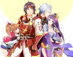 Rule 34 | arm around shoulder, arm around waist, armor, black hair, breasts, brothers, brown eyes, cleavage, family, hair ornament, headband, hug, husband and wife, inahime, japanese clothes, kimono, kunoichi (sengoku musou), legs, ponytail, purple eyes, sanada nobuyuki, sanada yukimura (sengoku musou), sengoku musou, shawl, siblings, side slit, white hair