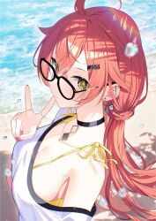 1girl absurdres ahoge alternate_costume beach bespectacled bikini black-framed_eyewear black_choker blush borumete breasts choker cleavage closed_mouth collarbone from_side glasses green_eyes hair_flaps hand_up highres large_breasts long_hair looking_at_viewer looking_over_eyewear nijisanji ocean outdoors ponytail red_hair sand shirt shishido_akari single_off_shoulder smile solo swimsuit upper_body v virtual_youtuber white_shirt yellow_bikini