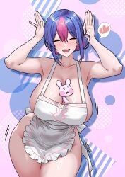 1girl absurdres apron artist_name bing_hayu blue_hair blush breasts closed_eyes collarbone commission golbang heart highres large_breasts luvdia mole mole_on_armpit mole_on_breast mole_under_eye motion_lines multicolored_hair multiple_moles naked_apron open_mouth pink_hair rabbit_pose spoken_heart thighs two-tone_hair virtual_youtuber white_apron