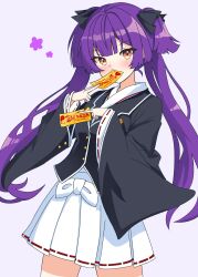 1girl blush cowboy_shot highres holding japanese_clothes kimono long_hair long_sleeves looking_at_viewer nanahana_nanana nekoashi_tsubomi pleated_skirt purple_hair ribbon skirt solo striped_background striped_clothes striped_skirt twintails vertical-striped_clothes vertical-striped_skirt wide_sleeves world_dai_star