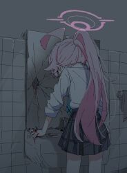 1girl ahoge blood blood_on_mirror blue_archive blue_necktie broken_glass broken_mirror crack cracked_glass glass halo highres hoshino_(armed)_(blue_archive) hoshino_(blue_archive) huge_ahoge kiroshi long_hair metal_gear_(series) metal_gear_solid_v:_the_phantom_pain mirror necktie pink_hair pink_halo plaid_clothes plaid_skirt ponytail skirt solo venom_snake