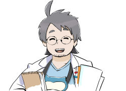 Rule 34 | 1boy, :d, absurdres, ahoge, beard stubble, blue shirt, closed eyes, coat, commentary request, facial hair, glasses, happy, highres, male focus, professor neroli, nintendo, notebook, open clothes, open coat, open mouth, pokemon, pokemon sleep, round eyewear, sav (kageshitasav), shirt, short hair, simple background, sleep mask, smile, solo, stubble, teeth, tongue, upper teeth only, white background, white coat