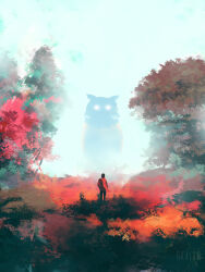 autumn bird black_hair bush character_request copyright_request dkaism fog full_body glowing glowing_eyes grass jacket looking_at_another owl painterly pink_leaf red_jacket red_scarf scarf size_difference standing tree