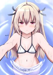 1girl :o absurdres ahoge atri atri-my_dear_moments- bare_shoulders bikini black_ribbon blush breasts breasts_apart brown_hair collarbone commentary_request cowboy_shot day foreshortening frilled_bikini frills frown hair_between_eyes hair_intakes hair_ribbon highres hnaoha jitome long_hair looking_at_viewer navel official_alternate_costume outdoors parted_lips pool pov red_eyes ribbon ripples side-tie_bikini_bottom signature small_breasts solo stomach straight-on straight_hair swimsuit two_side_up v-shaped_eyebrows very_long_hair wading water wet white_bikini