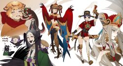 Rule 34 | animal ears, ao nhat binh, bird wings, black hair, black thighhighs, blue hair, brown hair, closed eyes, gun, hat, highres, long hair, magical girl, multiple girls, navel, original, smile, sword, tassel, thighhighs, tiger ears, ultracat, vietnamese clothes, weapon, white hair, white thighhighs, wings