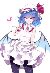 Rule 34 | 1girl, absurdres, animal print, bat print, bat wings, blue hair, breasts, brooch, dress, fang, fingernails, frilled dress, frills, hat, hat ribbon, highres, jewelry, layered dress, long fingernails, looking at viewer, mob cap, one eye closed, raptor7, red eyes, red nails, remilia scarlet, ribbon, simple background, sleeveless, sleeveless dress, small breasts, smile, solo, touhou, white background, white hat, wings