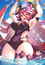 1girl :d absurdres armpits arms_up blue_sky blush breasts cloud commentary_request covered_navel cowboy_shot dragalia_lost dragon_girl fang flower from_below gonzarez hair_flower hair_ornament highres large_breasts long_hair looking_at_viewer mym_(dragalia_lost) official_alternate_costume open_mouth orange_eyes partial_commentary red_hair sideboob sky smile solo swimsuit tail thighs v-shaped_eyebrows water wet