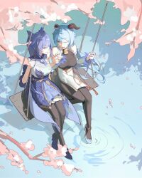 2girls bell black_pantyhose blue_hair bodystocking branch commentary cone_hair_bun dress from_above ganyu_(genshin_impact) genshin_impact goat_horns hair_bun high_heels highres horns keqing_(genshin_impact) kwnce long_hair multiple_girls neck_bell on_swing one_eye_closed pantyhose purple_dress purple_eyes purple_hair sitting smile swing very_long_hair white_dress