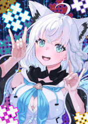 absurdres ahoge animal_ear_fluff animal_ear_piercing animal_ears aqua_eyes blue_neckerchief blush braid breasts cleavage cleavage_cutout clothing_cutout collarbone detached_sleeves double_fox_shadow_puppet fox_ears fox_girl fox_shadow_puppet highres hololive hololive_gamers large_breasts long_hair long_sleeves looking_at_viewer namiki_jugo neckerchief open_mouth shirakami_fubuki shirakami_fubuki_(1st_costume) shirt side_braid smile upper_body virtual_youtuber white_hair white_shirt