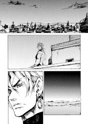 cityscape comic desert dio_brando earrings greyscale jewelry jojo_no_kimyou_na_bouken merumeru626 monochrome night night_sky outdoors screentones silent_comic sky stardust_crusaders