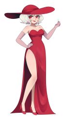 1girl bare_shoulders blonde_hair breasts cleavage closed_mouth dress elbow_gloves freckles gallaxi gloves hand_on_own_hip hand_up hat high_heels large_breasts large_hat long_dress looking_to_the_side original red_dress red_eyes red_hat red_lips slit_pupils smile snapping_fingers solo thighs transparent_background