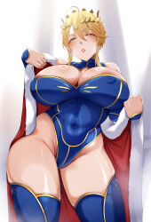 Rule 34 | 1girl, absurdres, ahoge, areola slip, artoria pendragon (fate), artoria pendragon (lancer) (fate), bare shoulders, blonde hair, blue leotard, blue sleeves, blue thighhighs, blush, braid, braided bun, breasts, cape, cleavage, covered erect nipples, covered navel, crown, detached sleeves, fate/grand order, fate (series), fur-trimmed cape, fur trim, gold trim, green eyes, hair bun, highleg, highleg leotard, highres, large breasts, leotard, long hair, looking at viewer, off shoulder, parted lips, red cape, sidelocks, solo, sso 001, thighhighs, thighs