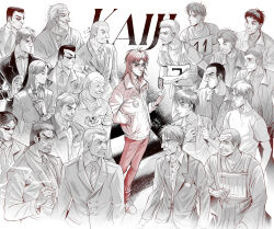 6+boys absurdres black_hair black_suit blonde_hair bow bowtie brown_hair card character_request collared_shirt copyright_name dice endou_yuuji flower formal_clothes frown funai_jouji glasses grin hand_in_pocket hashimoto_(kaiji) highres holding holding_card holding_dice holding_flower hyoudou_kazutaka ichijou_seiya ishida_hiromitsu ishida_kouji itou_kaiji jacket kaiji kitagawa_(kaiji) kurosaki_yoshihiro long_hair looking_at_another looking_at_viewer maeda_(kaiji) male_focus mayaosaki miyoshi_tomohiro multiple_boys murakami_tamotsu necktie numbered ootsuki_(kaiji) partially_colored rose sahara_makoto sakazaki_koutarou scar scar_on_face scared shirt short_hair smile standing suit sunglasses tonegawa_yukio undercut white_shirt yokoi_(kaiji)