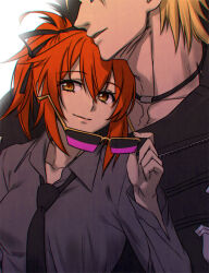 1boy 1girl adam&#039;s_apple black_necktie blonde_hair collarbone collared_shirt fate/grand_order fate_(series) fujimaru_ritsuka_(female) grey_shirt hair_between_eyes holding holding_removed_eyewear necktie orange_hair parted_lips ponytail sakata_kintoki_(fate) shirt unworn_eyewear zanshi