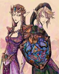 1boy 1girl absurdres artist_name blonde_hair blue_eyes breasts brown_hair dress frown gloves green_hair green_shirt hair_behind_ear highres hylian_shield leaning_back link long_hair looking_at_viewer nintendo pointy_ears princess_zelda purple_dress serinigalini shield shirt small_breasts the_legend_of_zelda the_legend_of_zelda:_twilight_princess white_gloves
