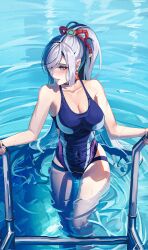 1girl alternate_costume alternate_hairstyle bare_arms bare_shoulders black_choker blue_one-piece_swimsuit blush breasts choker cleavage collarbone commentary competition_swimsuit covered_navel cowboy_shot cryo_symbol_(genshin_impact) earrings english_commentary feet_out_of_frame floating_earring genshin_impact grey_eyes grey_hair hair_ornament hair_ribbon hair_up high_ponytail highleg highleg_one-piece_swimsuit highres hip_vent holding impossible_clothes impossible_swimsuit jewelry large_breasts long_hair looking_to_the_side one-piece_swimsuit parted_lips ponytail pool pool_ladder poolside rasipan red_rope ribbon rope shenhe_(genshin_impact) sidelocks skindentation smile solo standing straight_hair swept_bangs swimsuit tassel tassel_earrings taut_clothes thigh_gap thighs very_long_hair vision_(genshin_impact) wading water wet