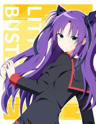 Rule 34 | 1girl, black jacket, blue eyes, blue ribbon, blush, border, closed mouth, commentary, copyright name, eyes visible through hair, from side, frown, hair ribbon, hand up, highres, jacket, lace, lace-trimmed ribbon, lace trim, little busters!, little busters! school uniform, long hair, long sleeves, looking at viewer, outside border, purple hair, ribbon, sasasegawa sasami, school uniform, simple background, solo, sweatdrop, tsurime, twitter username, two side up, upper body, very long hair, white border, xdjf63qbpt0iqmj, yellow background
