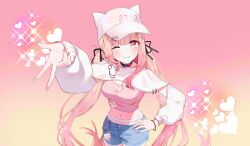 1girl absurdres blonde_hair blue_shorts breasts commission cowboy_shot denim denim_shorts gyaru_v hat heart highres long_hair looking_at_viewer medium_breasts momose_nina navel one_eye_closed pink_eyes pink_nails pink_tube_top project_nebula shorts skeb_commission smile solo strapless tube_top twintails v virtual_youtuber white_hat yoi_sc