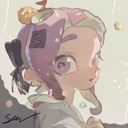 1girl absurdres acuteghost black_bow bow chinese_commentary commentary_request earrings food food_on_head hair_bow highres jewelry looking_at_viewer medium_hair nintendo object_on_head octoling octoling_girl octoling_player_character parted_bangs parted_lips portrait purple_eyes purple_hair shell shell_earrings shrimp shrimp_tempura solo splatoon_(series) star_(symbol) star_earrings tempura tentacle_hair