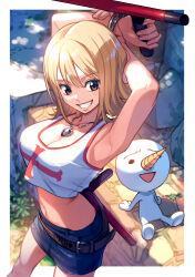 1girl absurdres arms_up belt border breasts brown_eyes brown_hair cleavage crop_top elie hair_between_eyes highres holding holding_weapon jewelry large_breasts midriff navel necklace outside_border plue rave_(manga) skirt smile tank_top tonfa uedrk_yamato weapon white_border