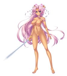 1girl absurdres barefoot blue_eyes blush breasts completely_nude facial_mark forehead_mark full_body game_cg hair_ornament hair_over_shoulder highres hikage_eiji koihime_musou large_breasts long_hair nail_polish navel nipples no_pussy nude official_art pink_hair shin_koihime_musou smile solo sonsaku_(koihime_musou) sword transparent_background warrior weapon