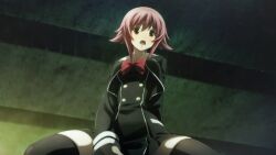 1girl ahoge between_legs black_dress black_jacket black_thighhighs blush bow breasts buttons chaos;child chaos;child_love_chu_chu! cropped_jacket double-breasted dress dress_shirt from_below game_cg girl_on_top hair_between_eyes hand_between_legs hekiho_academy hekiho_academy_uniform highres jacket legs_apart long_sleeves looking_at_viewer medium_breasts non-web_source official_art onoe_serika open_mouth pink_hair pov red_eyes sailor_collar sasaki_mutsumi school_uniform shirt short_hair short_hair_with_long_locks sidelocks sitting solo straddling stray_hair surprised thick_thighs thigh_strap thighhighs thighs tongue white_sailor_collar white_thighhighs wide-eyed zettai_ryouiki
