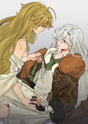 2girls bare_shoulders black_gloves blonde_hair blue_eyes brown_coat clenched_teeth clothes_grab coat dress eye_contact face-to-face facing_another fur-trimmed_coat fur_trim gloves grey_background hair_over_one_eye highres holding_hands huakuiliehuo interlocked_fingers long_dress long_hair looking_at_another multiple_girls necktie necktie_grab neckwear_grab one_eye_covered profile purple_eyes reverse:1999 shirt straddling sweat teeth upper_body vila_(reverse:1999) white_dress white_hair white_shirt windsong_(reverse:1999) yuri