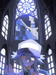 1boy baseball_cap blue_eyes collared_shirt commentary game_freak gen_5_pokemon green_hair hair_between_eyes hat highres legendary_pokemon long_hair looking_at_viewer male_focus n_(pokemon) nintendo parted_lips pokemon pokemon_bw reshiram shirt solo stained_glass window zekrom zero_(sleepy_meltan)