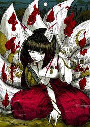 Rule 34 | 1girl, animal ear fluff, animal ears, bob cut, brown eyes, brown hair, commentary, crescent, facial mark, fox ears, fox girl, fox shadow puppet, fox tail, hakama, hakama pants, hashtag-only commentary, highres, hitodama, japanese clothes, kitsune, kyushime, kyuubi, lantern, large tail, limited palette, looking at viewer, moon, multiple tails, nail polish, open mouth, original, pants, red pants, smile, solo, tail, torii, whisker markings