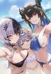 Rule 34 | 3girls, ai-assisted, annoyed, armpits, beach, black hair, blue hair, blush, breast envy, breasts, cloud, cloudy sky, fingernails, grey hair, hair ornament, half-closed eyes, highres, hololive, hololive english, horns, koseki bijou, large breasts, light blush, long hair, looking at viewer, mole, mole under eye, multicolored hair, multiple girls, nail polish, nerissa ravencroft, ocean, purple eyes, red eyes, sand, shiori novella, shuraillusts, sky, small breasts, smile, streaked hair, swimsuit, taking picture, teeth, v, virtual youtuber, white hair, yellow eyes